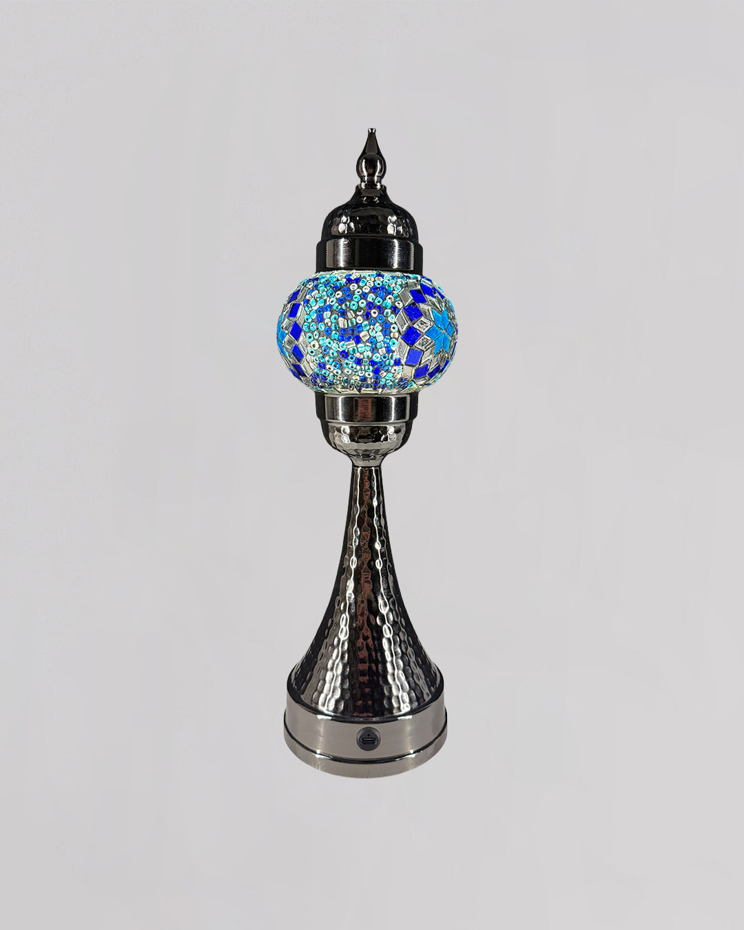 Decorative lamp with a blue and silver design on a gray background